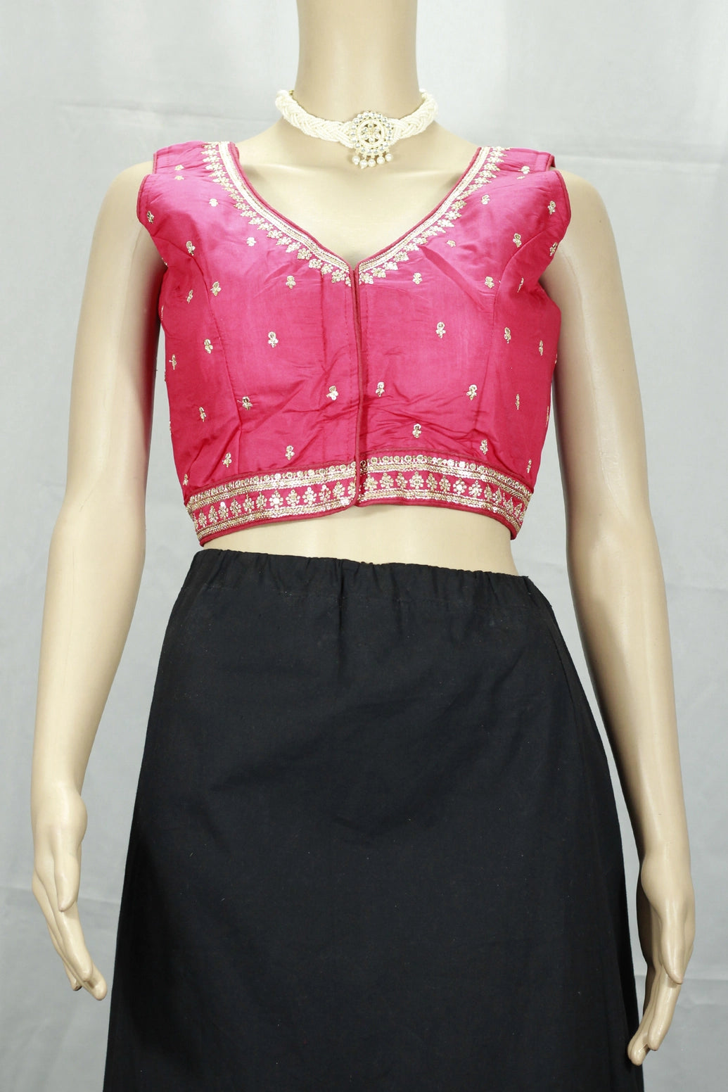 Pink Readymade Designer Padded Blouse with Zari Border, Deep Neck, Back Knot & Back Open Style - Pink