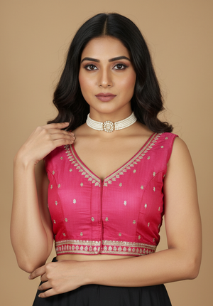 Pink Readymade Designer Padded Blouse with Zari Border, Deep Neck, Back Knot & Back Open Style