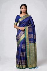 Navy Blue Soft Silk Saree with Jacquard Border and Gold-Tone Motifs - Navy Blue
