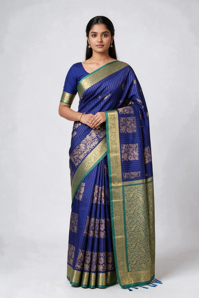 Navy Blue Soft Silk Saree with Jacquard Border and Gold-Tone Motifs - Navy Blue