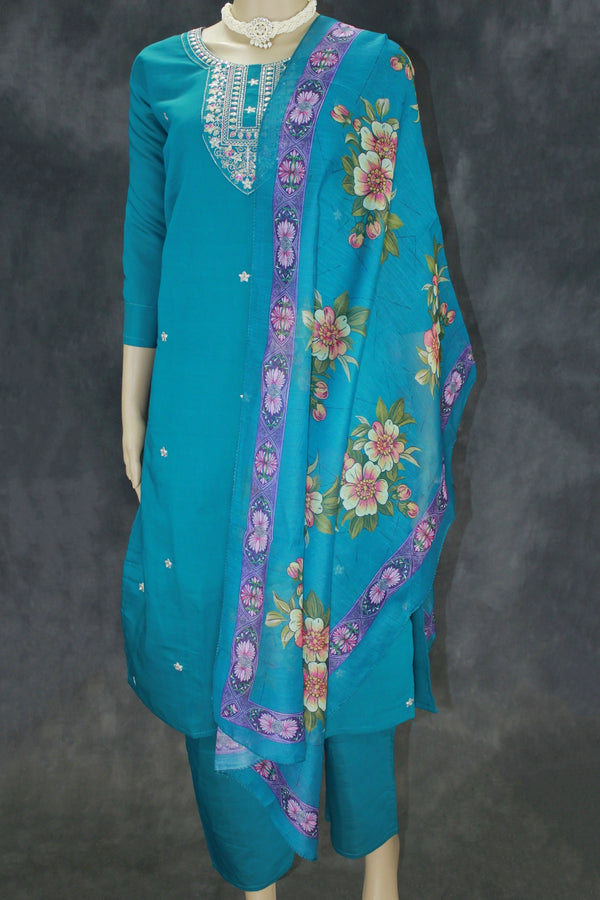 Elegant Teal Roman Silk 3 Piece Set with Digital Dupatta