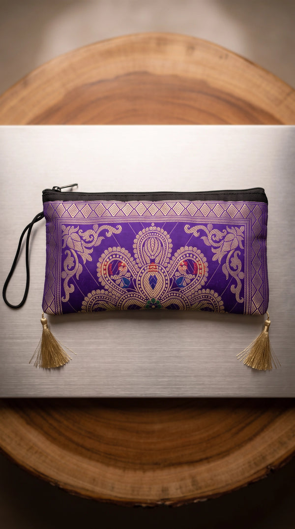 Purple Banarasi Brocade Zip Pouch Clutch with Tassel, Embroidered Nylon Evening Handbag - Purple