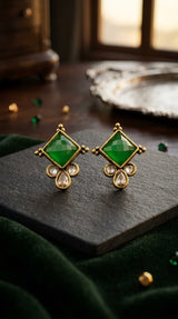 Green Emerald Square Stone Stud Earrings with Gold-Tone Ethnic Drop Crystals for Women - Green
