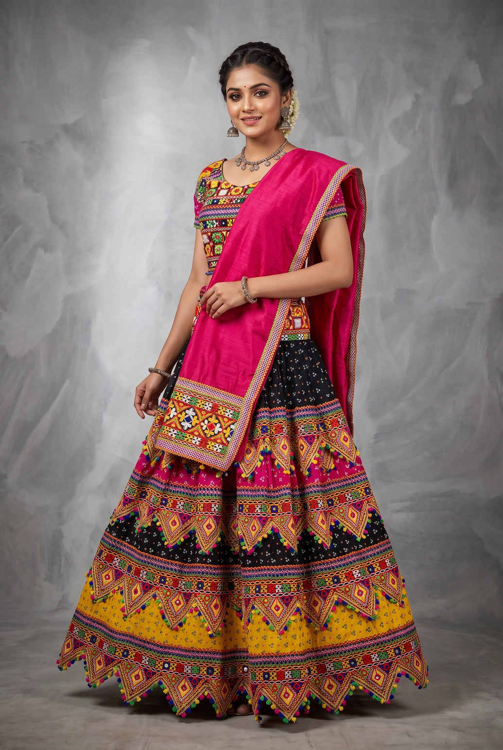 Designer Navratri Chaniya Choli Set with Heavy Kutchi Mirror Work & Bandhani Lehenga in Multi Pink - Multi Color & Pink