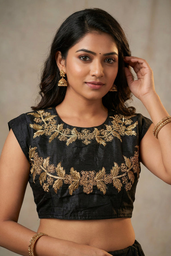 Black Designer Padded Sleeveless Blouse with Golden Aari Work and Bead Floral Motifs, Back Knot