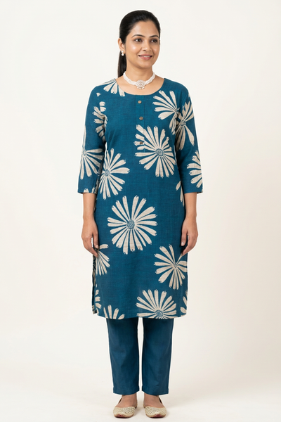 Cotton Peacock Blue Kurta Set with Floral Design
