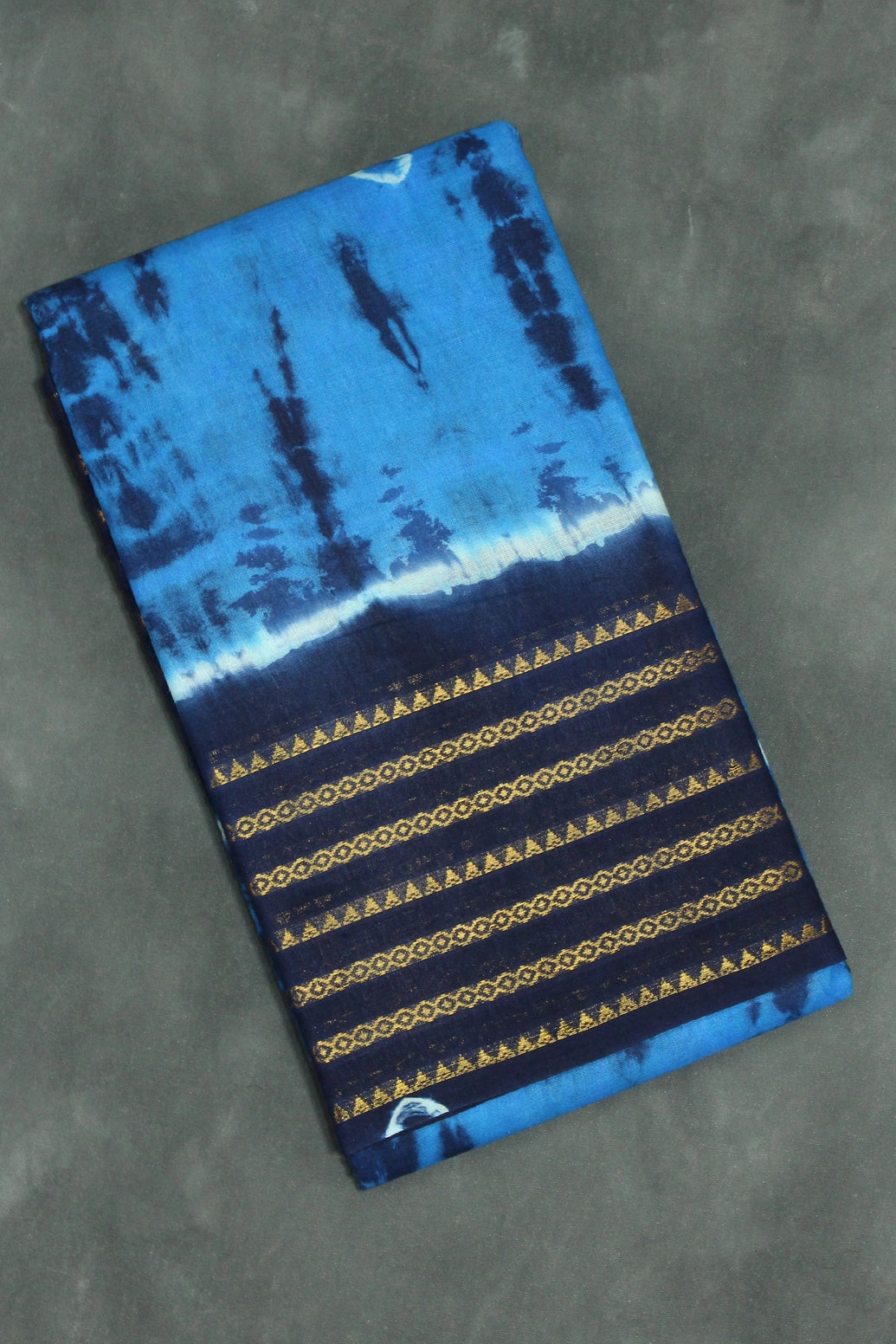 Sungudi Cotton Bandhani Saree in Blue with Golden Zari Striped Border - Blue