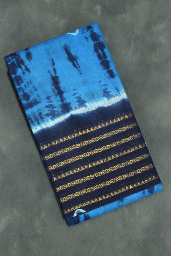 Sungudi Cotton Bandhani Saree in Blue with Golden Zari Striped Border Saree JCS Fashions Blue 5.5 meters