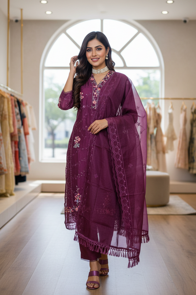 Purple 3-Piece Salwar Suit Set Organza Khatli Work Kurti with Sequins & Border Dupatta