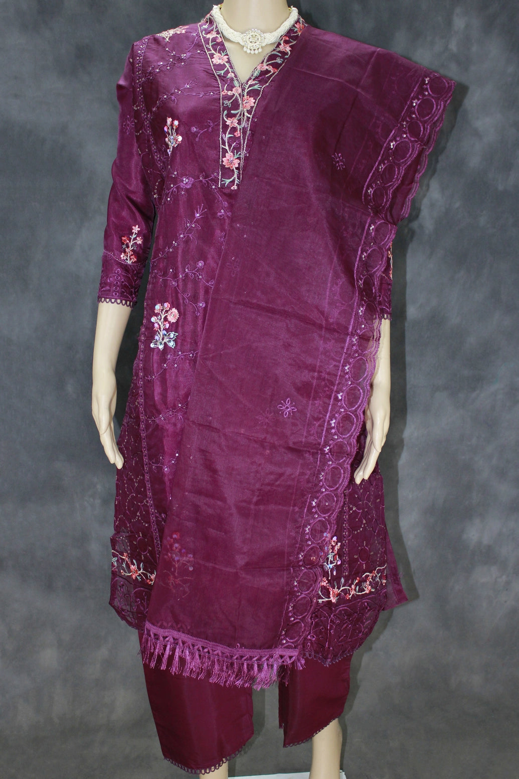 Purple 3-Piece Salwar Suit Set Organza Khatli Work Kurti with Sequins & Border Dupatta - Purple