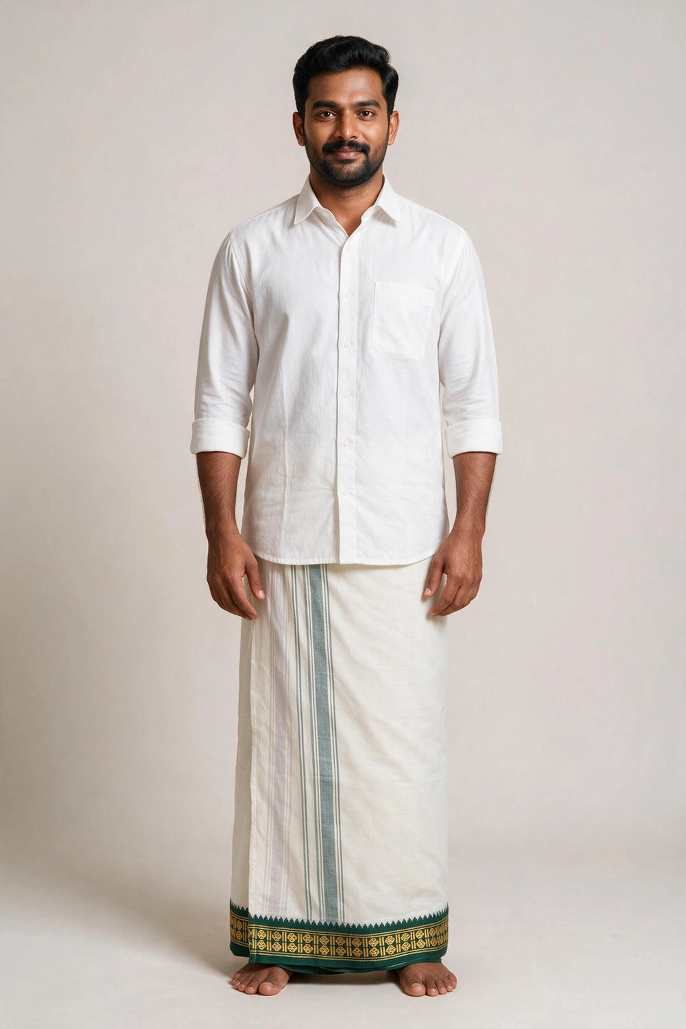 Men White Cotton Double Dhoti 4 Mtr Off-White with Green & Gold Temple Border for Weddings and Festive Traditions - Off-White / Green