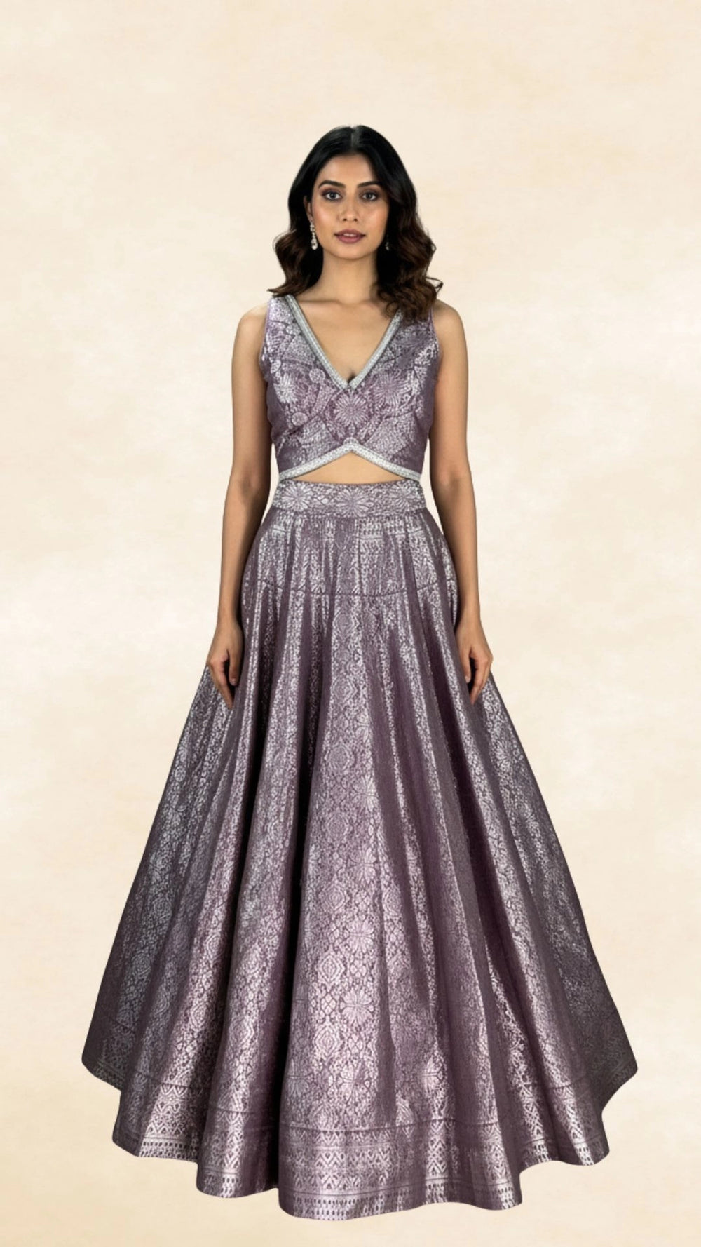 Purple Jacquard Silk Lehenga Set with Matching Sleeveless Blouse and Silver Zari Motifs - Purple