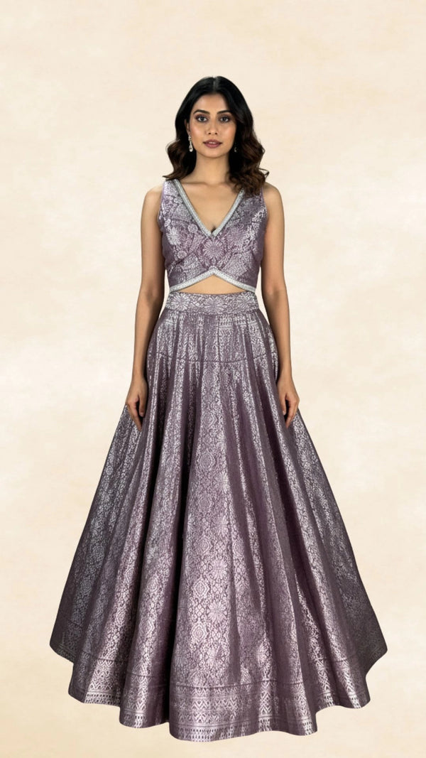 Purple Jacquard Silk Lehenga Set with Matching Sleeveless Blouse and Silver Zari Motifs - Purple