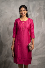 Pink Two-Tone Printed Straight Kurti with Round Neck, 3/4 Sleeves and Front Button Detail - Pink
