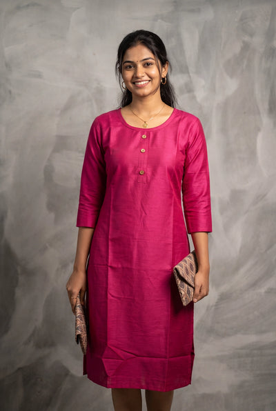 Pink Two-Tone Printed Straight Kurti with Round Neck, 3/4 Sleeves and Front Button Detail - Pink