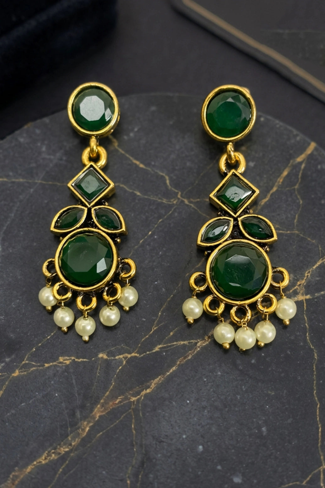 Green Stone & Pearl Drop Gold-Tone Statement Earrings for Women | Ethnic Dangle Chandbali Style - Green