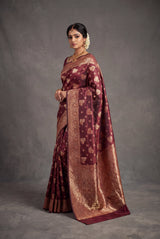 Maroon Soft Silk Saree with Rich Pallu and Pure Zari Floral Weave, Includes Blouse - Maroon