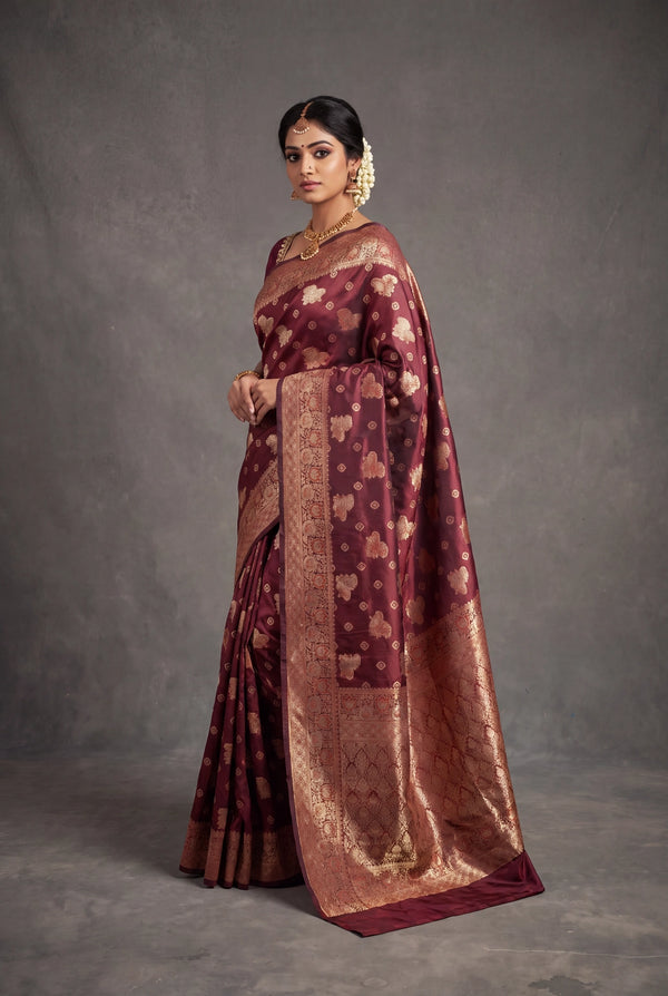 Maroon Soft Silk Saree with Rich Pallu and Pure Zari Floral Weave, Includes Blouse - Maroon