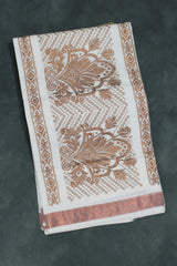 Pure Kerala Cotton White Saree with Copper Zari Peacock Embroidery and Blouse Piece - White