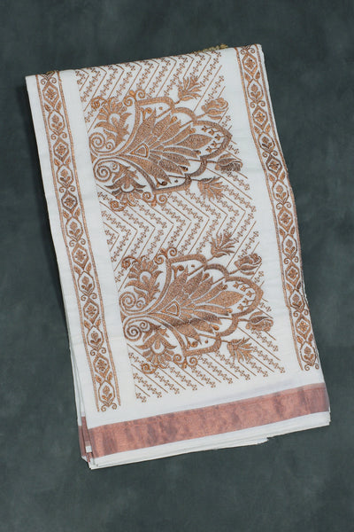 Pure Kerala Cotton White Saree with Copper Zari Peacock Embroidery and Blouse Piece - White