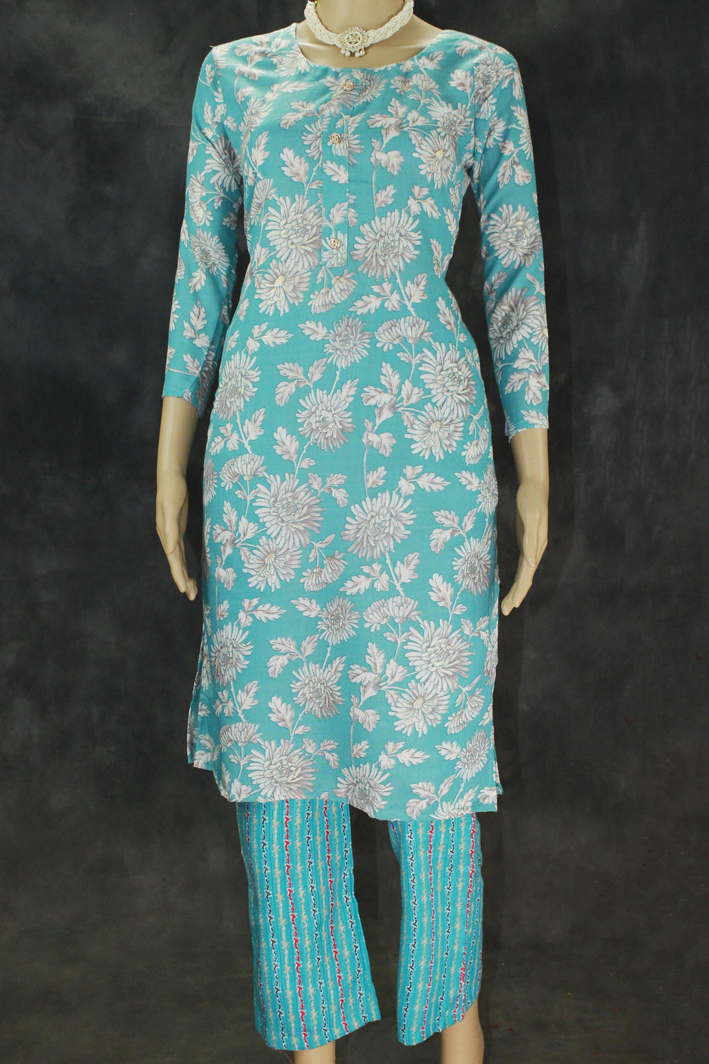 Blue Floral Cotton Kurta Set for Women - Blue