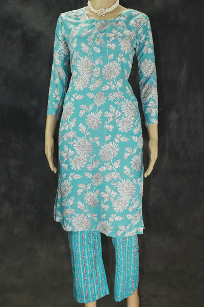 Blue Floral Cotton Kurta Set for Women - Blue