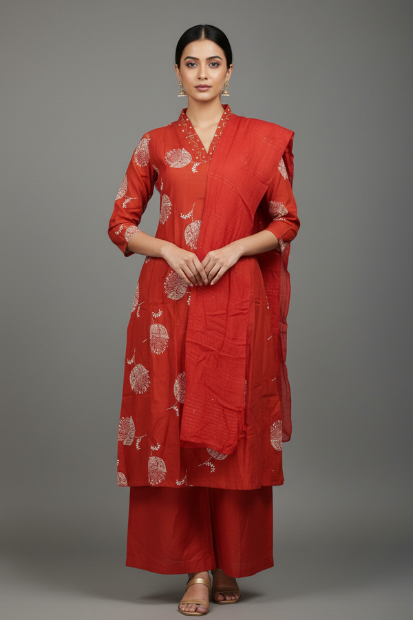 Orange Embroidered Cotton 3-Piece Kurti Set with Elasticated Pant & Chiffon Dupatta