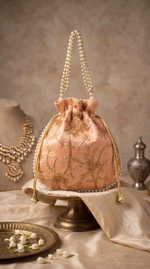 Peach Embroidered Pearl Beaded Potli Bag Drawstring Pouch for Wedding Festive Return Gifts - Peach