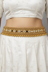 Gold-Tone Embellished Hip Belt with Mirror-Style
