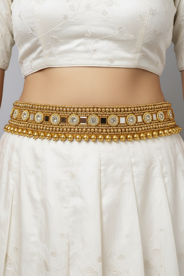 Gold-Tone Embellished Hip Belt with Mirror-Style