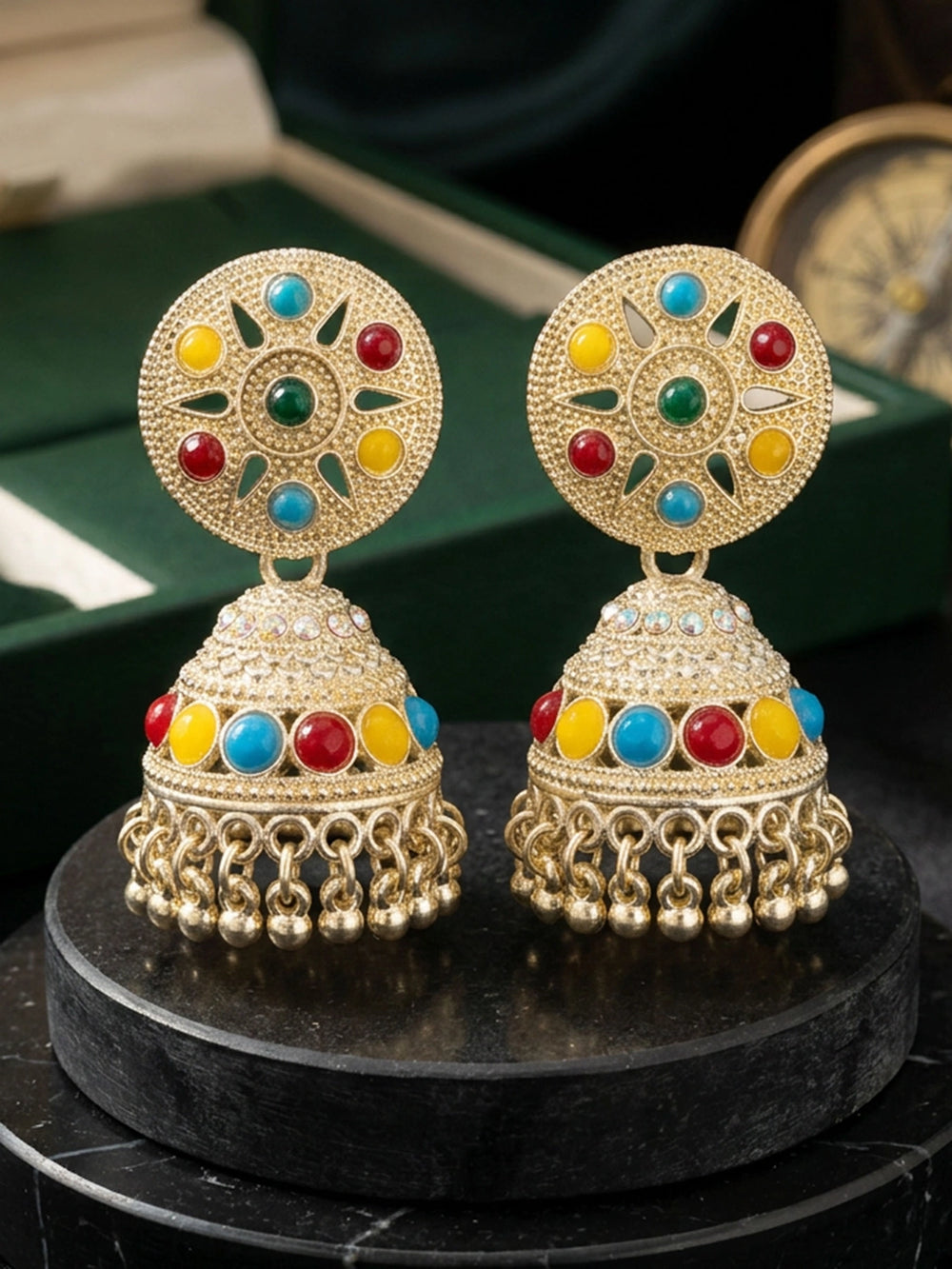 Silver Oxidized Multi-Color Jhumka Earrings with Round Stud Top and Beaded Danglers - Multi color