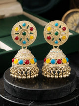Silver Oxidized Multi-Color Jhumka Earrings with Round Stud Top and Beaded Danglers - Multi color