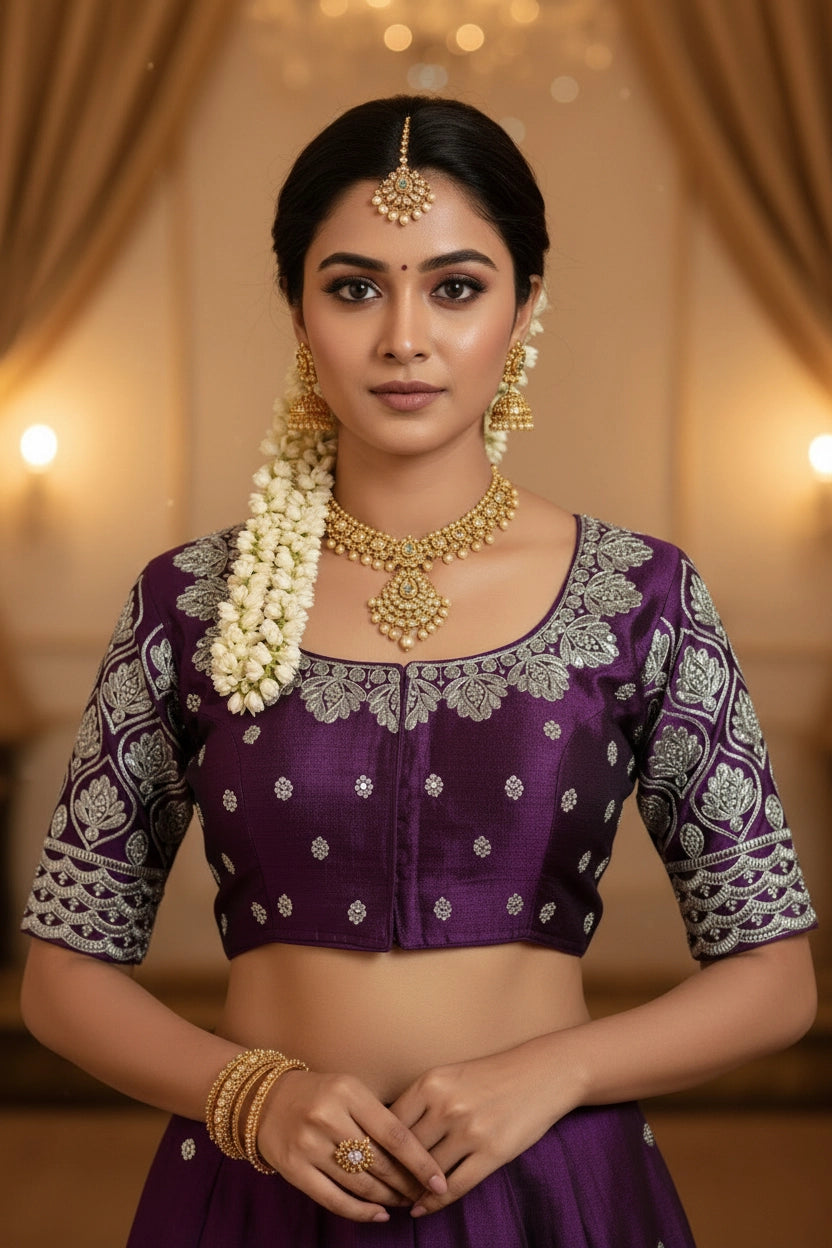 Purple Designer Padded Readymade Blouse with Zari Floral-Paisley Motifs, Elbow Sleeve and Back Knot - Purple