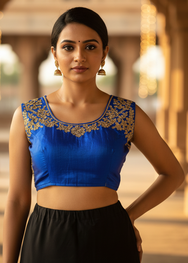 Royal Blue Designer Padded Blouse with Aari Work Floral Motifs, Back Knot, Readymade Fully Stitched