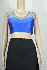 Royal Blue Designer Padded Blouse with Aari Work Floral Motifs, Back Knot, Readymade Fully Stitched - Royal blue