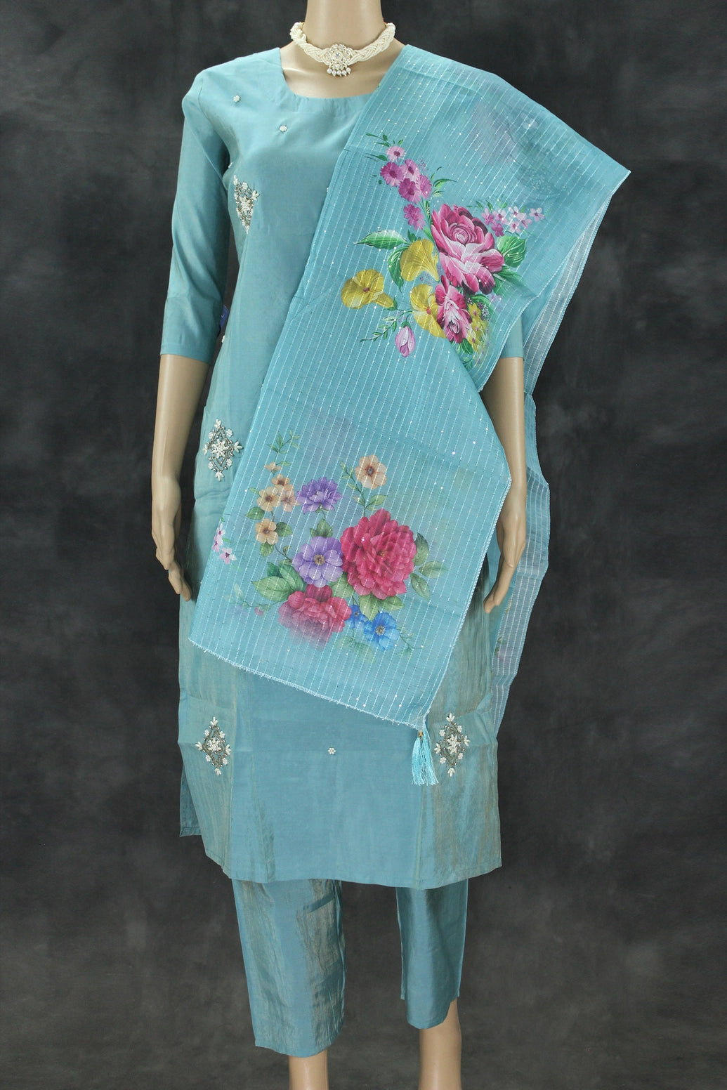 Pastel Blue Shimmer 3-Piece Salwar Suit with Aari & Pearl Embroidery, Organza Sequin and Printed Dupatta Kurti JCS Fashions Pastel Blue X-Small (34)