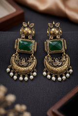Traditional Antique Gold-Tone Statement Earrings with Pearl Drops and Coloured Stones