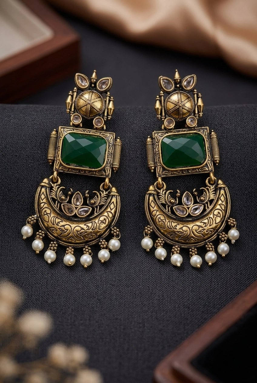 Traditional Antique Gold-Tone Statement Earrings with Pearl Drops and Coloured Stones