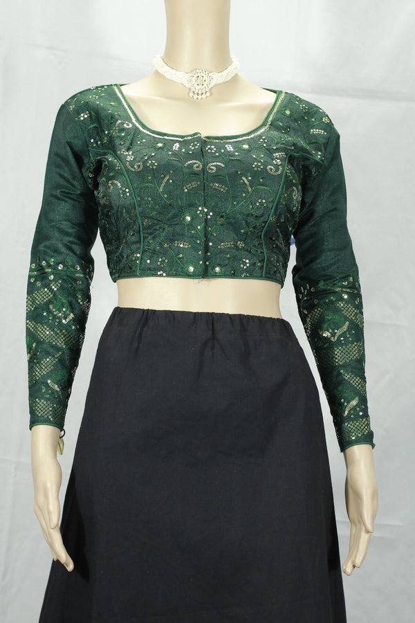 Green Readymade Padded Designer Blouse with Sequence Work, Full Sleeve and Back Knot, Fully Stitched - Green