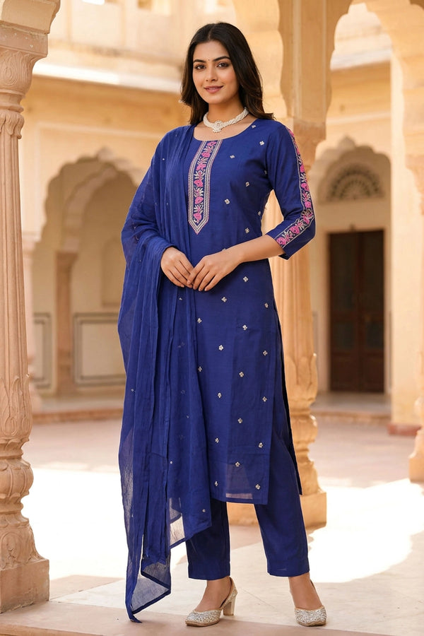 Navy Blue Cotton 3-Piece Kurti Set with Embroidery, Elastic Pant & Chiffon Dupatta - Navy blue