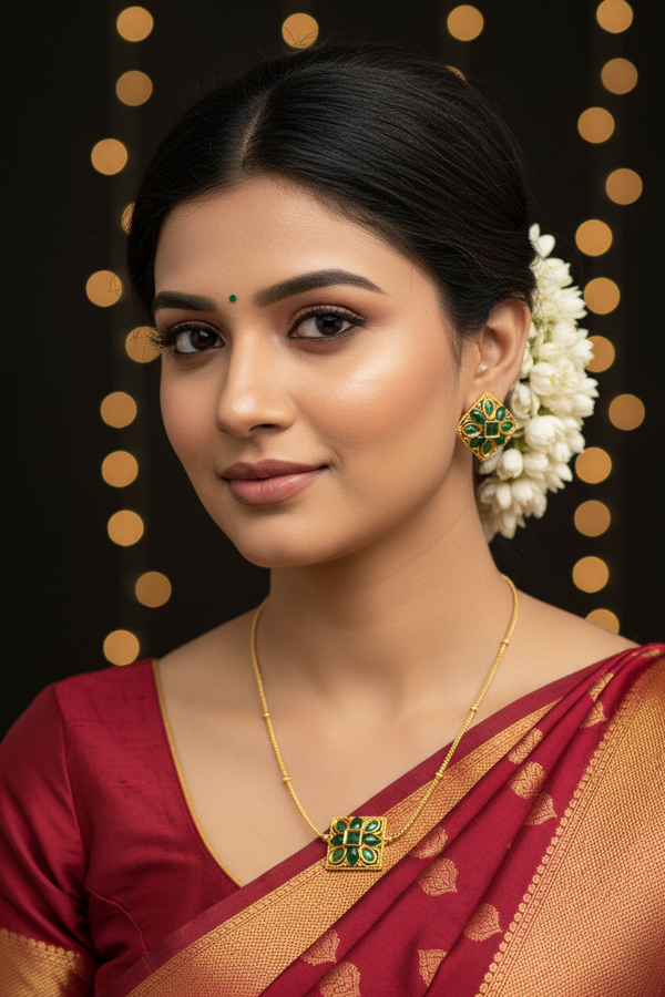 Gold-Tone Green Stone Traditional Necklace Set with Matching Studs