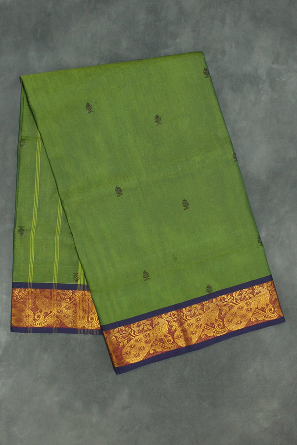 Green Poly-Cotton Butta Saree with Zari Peacock Border and Line Pallu Saree JCS Fashions Green 5.5 meters