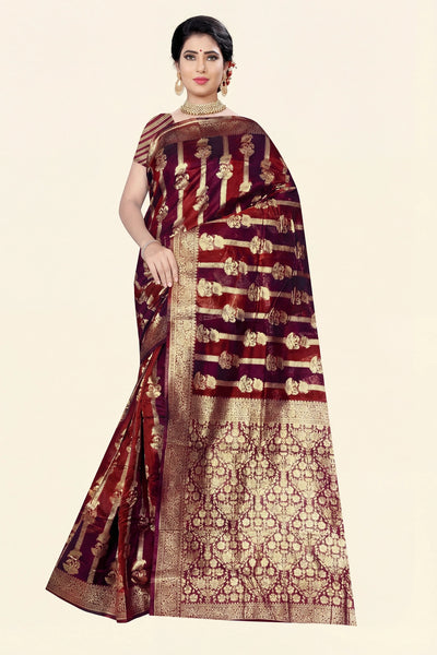 Purple Bulbul Organza Silk Designer Saree with Floral Full Body Work and Zari Border, Comes with Blouse - Purple