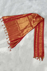 Red Ponnadai Poly Silk Jacquard Temple Shawl with Zari Pattern and Tassels | Traditional South Indian Dupatta for Pooja - Red