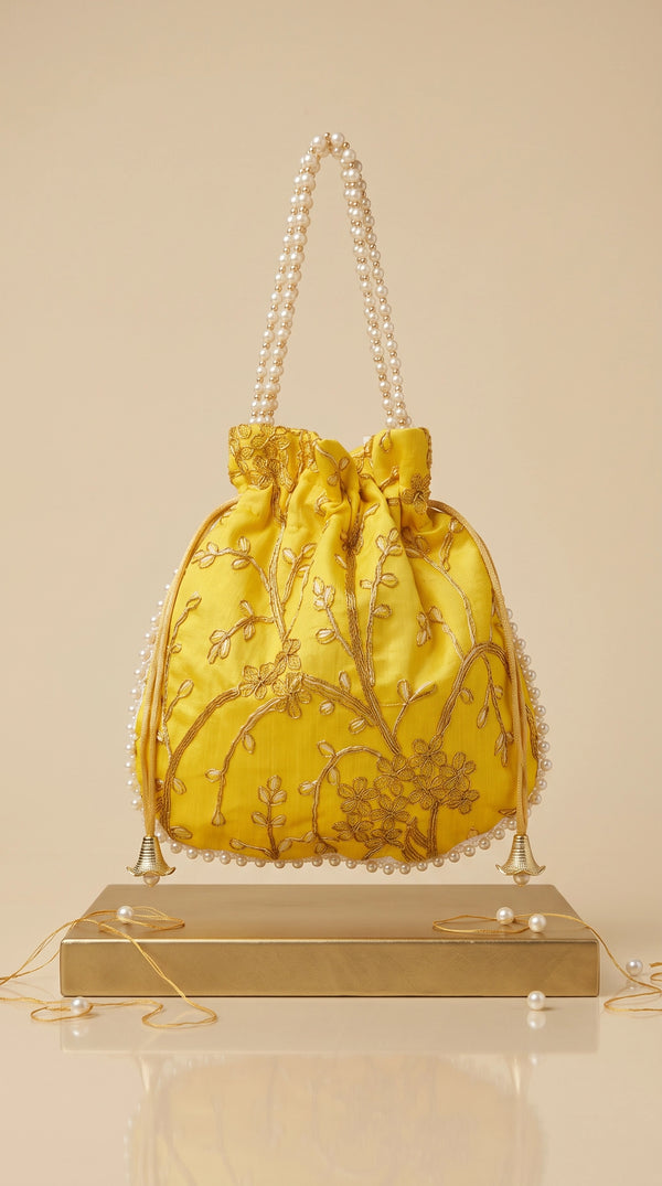 Yellow Embroidered Pearl Trim Potli Bag with Drawstring and Gold Floral Work for Wedding Festive Gift Pouch - Yellow