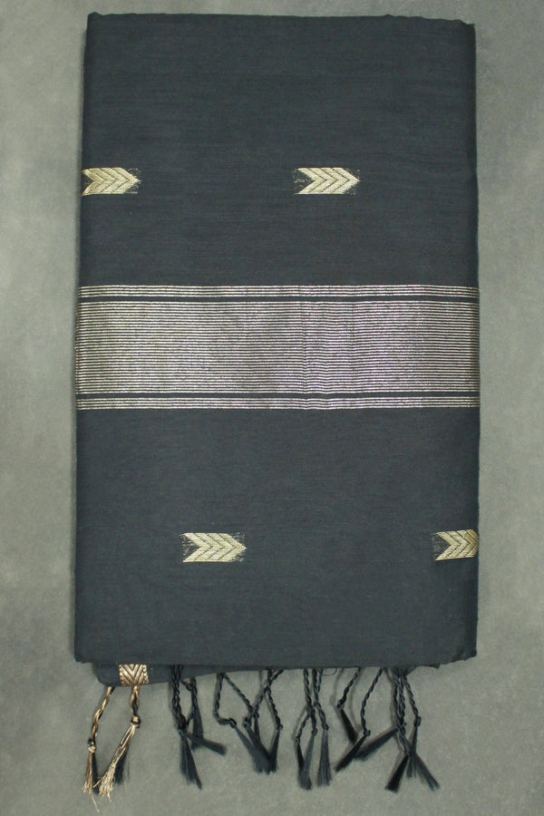 Black Maheswari Silk Cotton Saree with Butta & Zari Border and Blouse Piece - Black