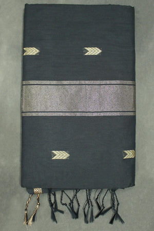 Black Maheswari Silk Cotton Saree with Butta & Zari Border and Blouse Piece