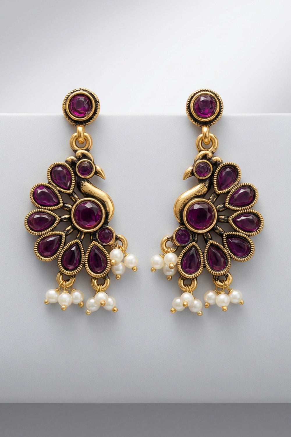 Purple Stone Antique Gold-Tone Floral Dangling Earrings with Pearl Drops for Traditional Wear - Purple