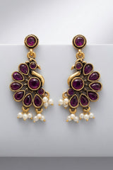 Purple Stone Antique Gold-Tone Floral Dangling Earrings with Pearl Drops for Traditional Wear - Purple