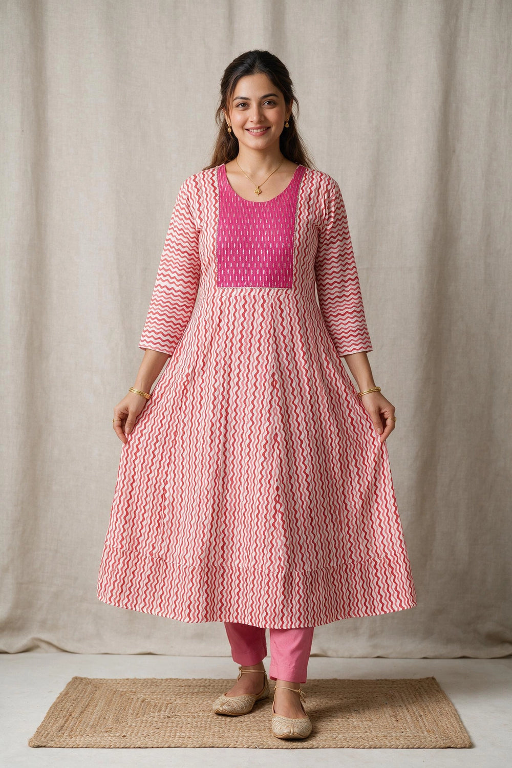 Pink Cotton Anarkali Kurti/Gown with Geometric Floral Dori Design & Silver Sequin Stripe Details - Pink